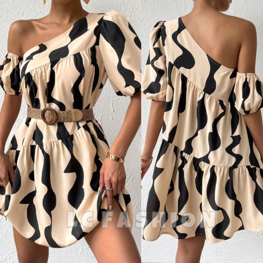 Boho Smock Dress, Asymmetrical Neck Puff Sleeve Ruffle Hem Mini dress